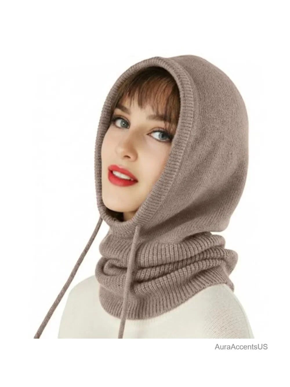 2-in-1 Hooded Scarf Knit Beanie Balaclava Neck Warmer Winter Outdoor